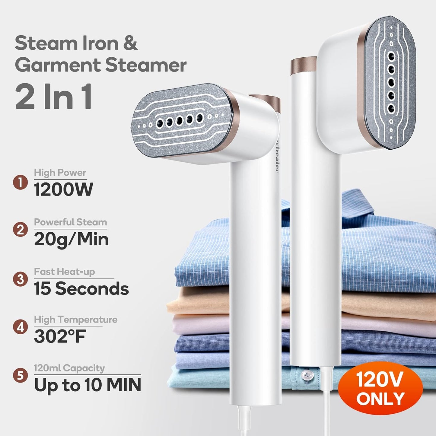 Newbealer Steamer for Clothes, 1200W Portable Steam Iron, 2 Steam Levels, Horizontal and Vertical Steaming, Dry Ironing, 15s Heat Up, Rotatable, 302°F Garment Wrinkle Remover (120V Only)